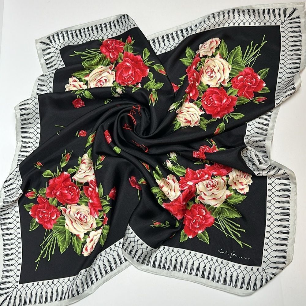 Lulu Guinness Silk Scarf “Life is a Bed of Roses” Black Floral Print Hand Rolled
